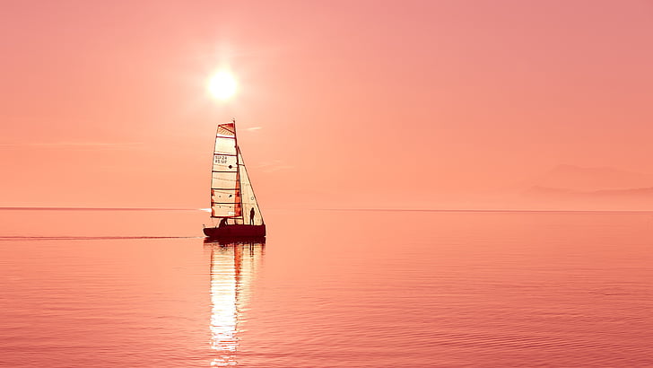 sailboat, 5k uhd, water, afterglow, evening, sailing, sun, calm