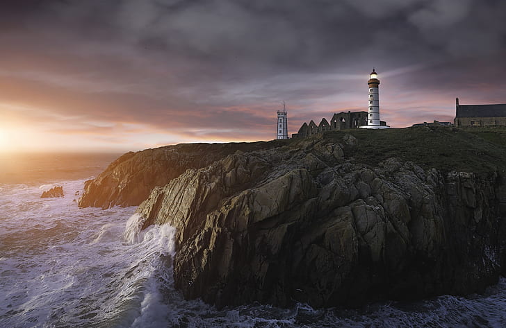 Pointe de Saint-Mathieu, cliff, sky, lighthouse, sea, coast, HD wallpaper