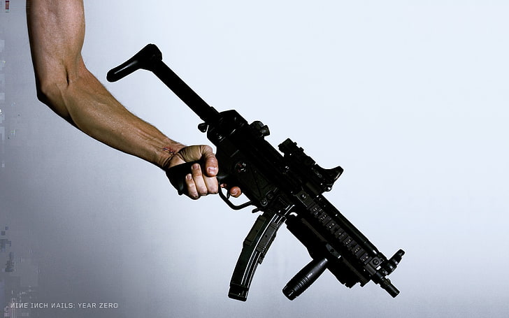 black and gray assault rifle, Nine Inch Nails, weapon, gun, studio shot