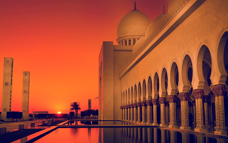 Sheikh Zayed Mosque At Sunset, white concrete building digital wallpaper, HD wallpaper
