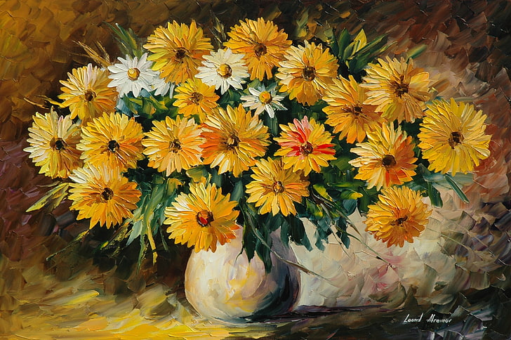 painting of sunflower bouquet, flowers, vase, Leonid Afremov, HD wallpaper
