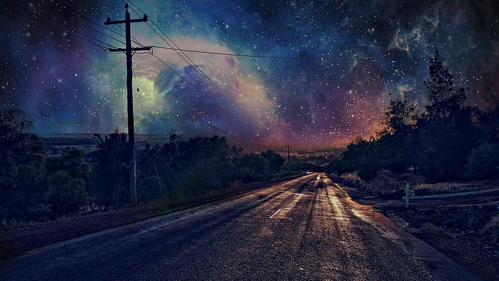 sky, nature, starry night, stars, starry sky, road, darkness, HD wallpaper