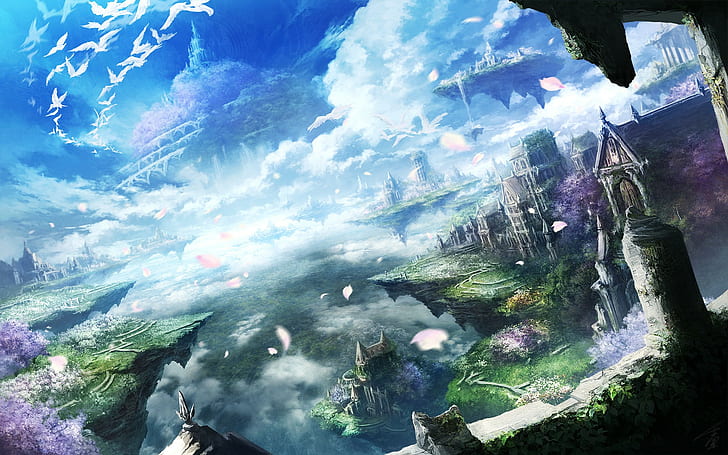 floating island, clouds, anime, city, birds, sky, fantasy art