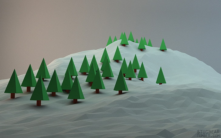 green pine trees miniature, low poly, simple background, digital art