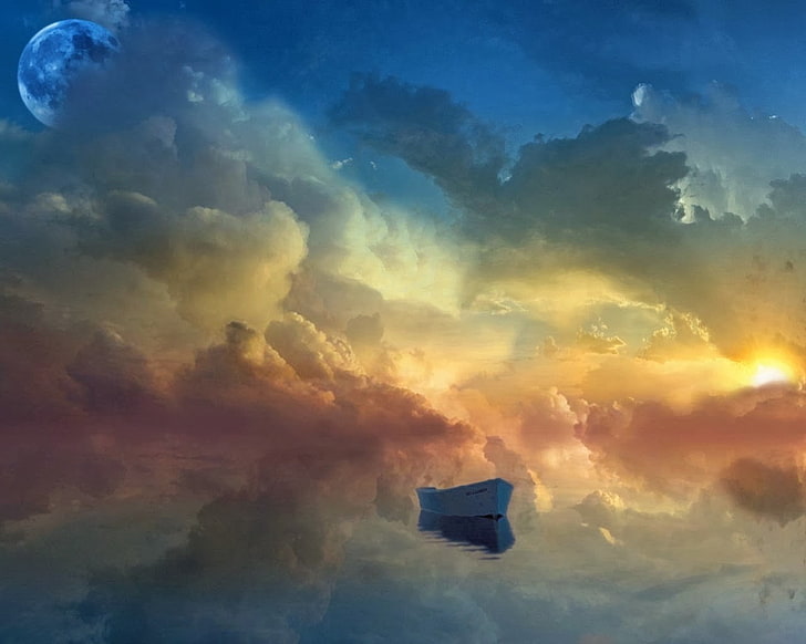 painting of boat on the clouds, rowboat, Moon, artwork, sky, cloud - sky, HD wallpaper