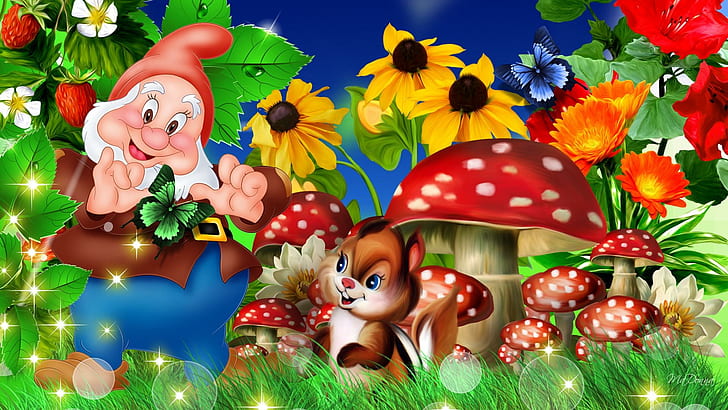 HD wallpaper: Garden Friends, toadstools, strawberries, mushrooms, bright,  whimsical | Wallpaper Flare