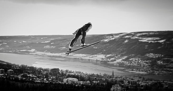photography, monochrome, ski jump, skis, HD wallpaper