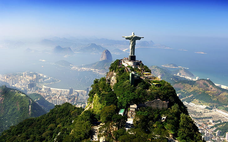 Rio de Janeiro Landscape Buildings Coast Christ the Redeemer Statue HD