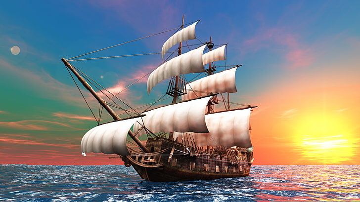 brown wooden sailing ship clip art, the sun, the ocean, dawn