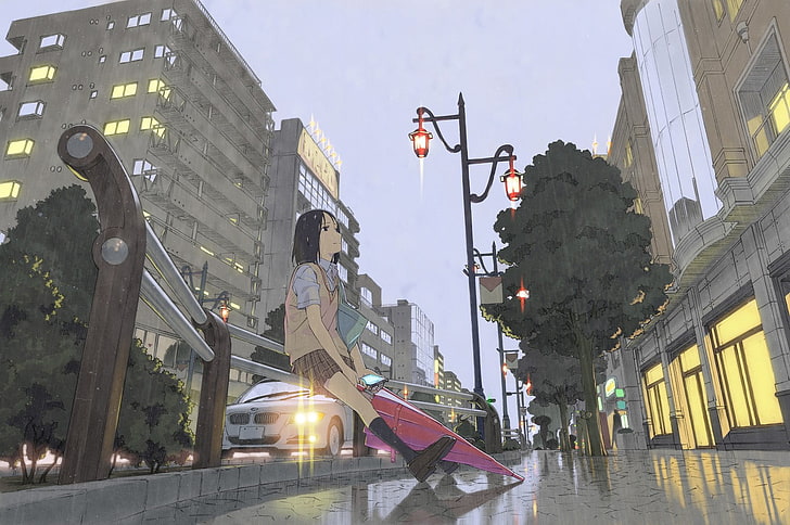 animated girl wallpaper, umbrella, rain, city, schoolgirl, alone