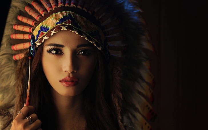 Beautiful brunette girl, makeup, Indian headdress, HD wallpaper