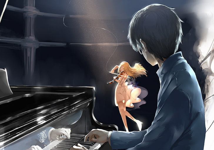 male anime character playing piano near woman playing violin wallpaper