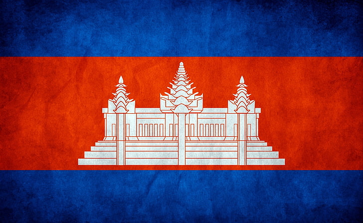 Grunge Flag Of Cambodia, red and blue with temple flag, Artistic