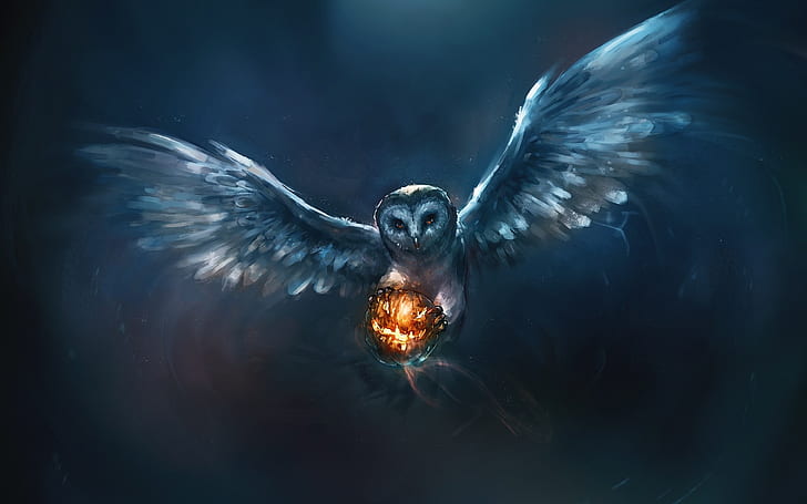 Animal painting, owl, Halloween, pumpkin, white and black snow owl