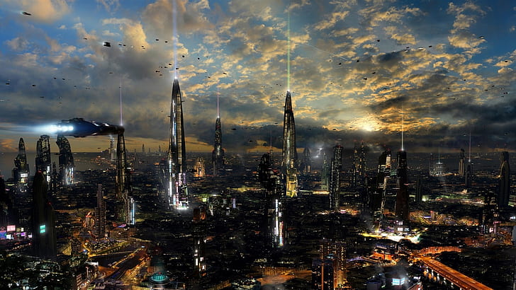 Futuristic city, night, lights, HD wallpaper