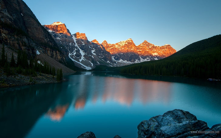 landscape, lake, sunset, mountains, Moraine Lake, Banff National Park