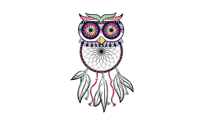 teal and multicolored owl illustration, bird, minimalism, feathers