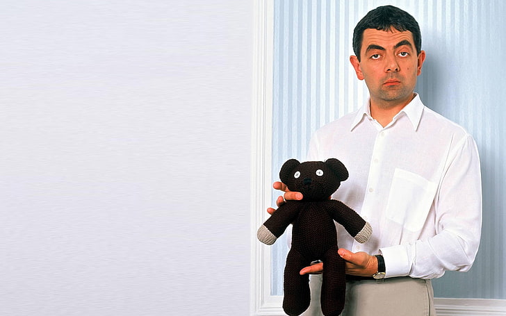 HD wallpaper: Mr. Bean, Teddy, Rowan Atkinson, Teddy bear, one person,  indoors