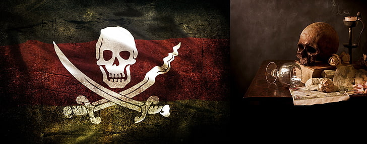 pirates, collage, skull, bones, flag, indoors, people, human representation