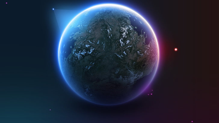 planet earth illustration, stars, satellite, artwork, digital art