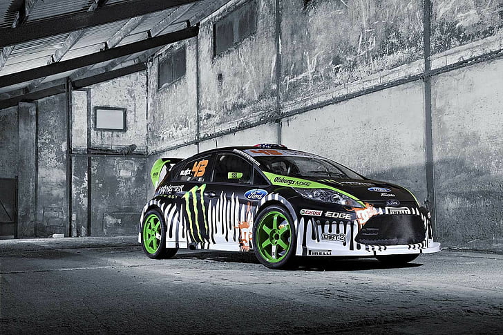 Car, Rally Cars, Ford Focus RS, black and green monster energy drink print racing car, HD wallpaper