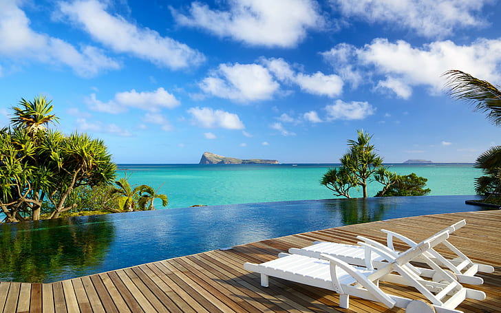 Indian ocean tropical, 2 white wooden lounge chair, Mauritius, HD wallpaper