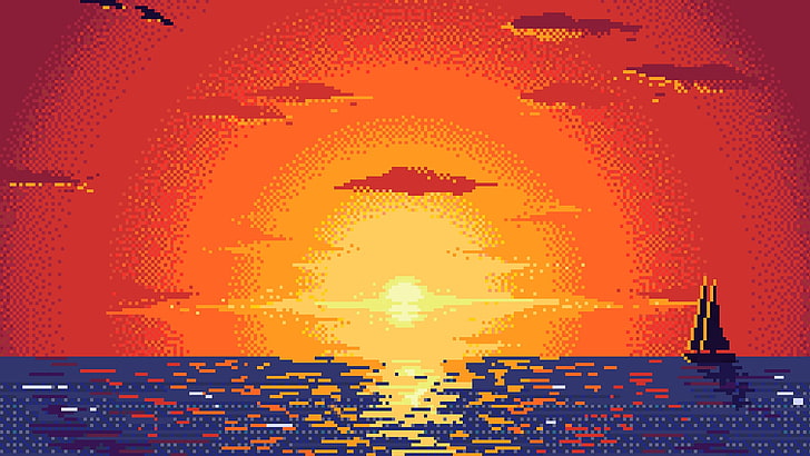 pixel art, digital art, architecture, orange color, sunset