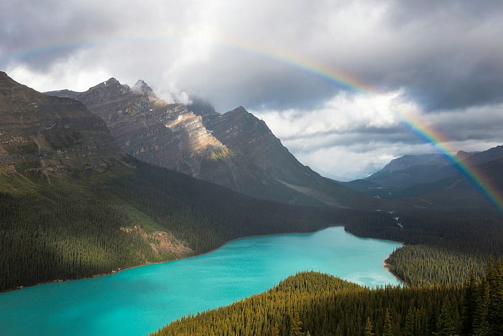 nature, landscape, rainbows, lake, mountains, forest, overcast, HD wallpaper