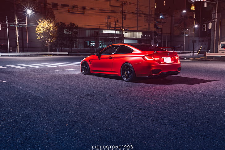 car, vehicle, red cars, BMW M4, street, outdoors, night, HD wallpaper