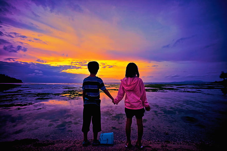 boy and girl holding each others hand while standing during sunset, HD wallpaper