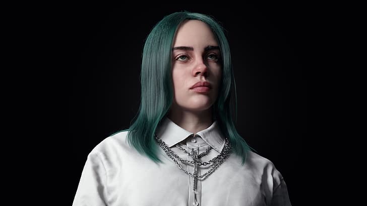 Billie Eilish, digital art, bad guy, green hair, chains, jewelry