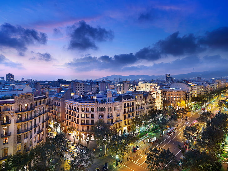 Spain, Barcelona, city night, street, road, architecture, lights, clouds