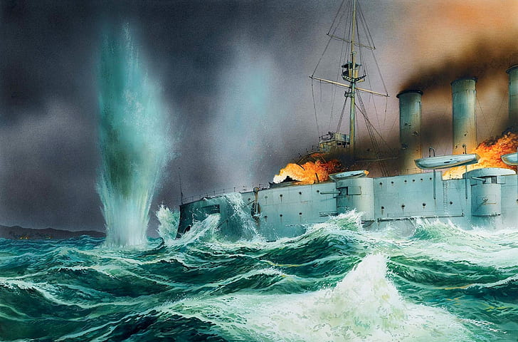 sea, wave, figure, explosions, art, Chile, British, WW1, armored cruiser, HD wallpaper