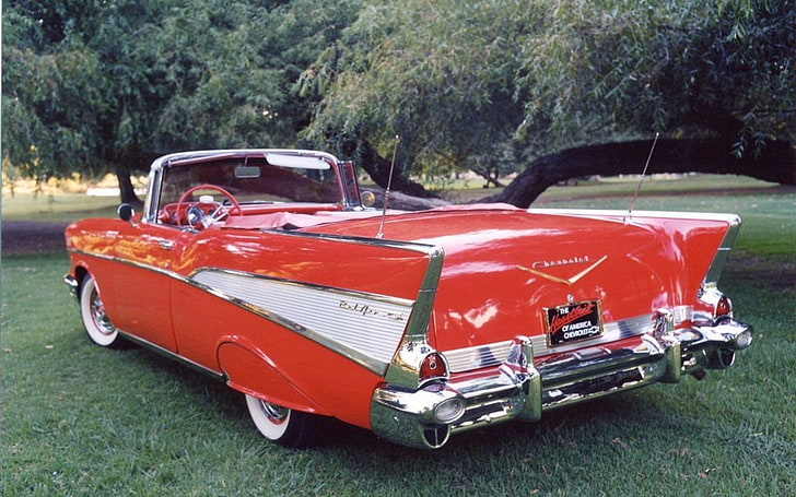 classic red and white convertible coupe, Chevrolet, 1957 Chevrolet, HD wallpaper