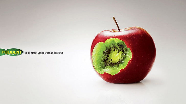 red apple with text overlay, artwork, apples, commercial, fruit, HD wallpaper