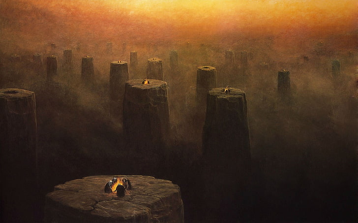 pillars with campfire on top, Zdzisław Beksiński, dark, architecture, HD wallpaper