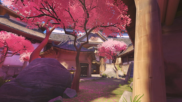 pink sakura trees inside house complex, Hanamura (Overwatch)