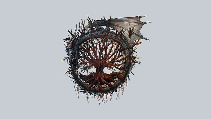 brown and gray dragon illustration, black and brown dragon tree logo, HD wallpaper