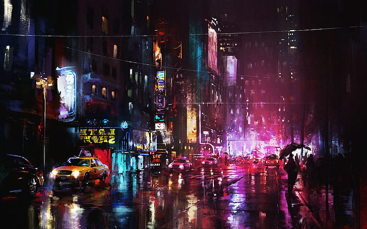 Art painting, night, city, street lights