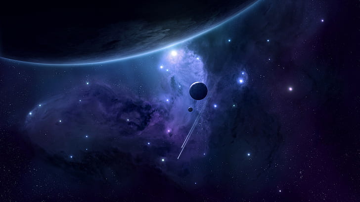 purple, stars, planet, digital art, Moon, shooting stars, JoeyJazz, HD wallpaper