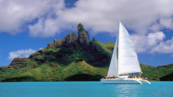 bora, catamaran, french, lagoon, polynesia, HD wallpaper