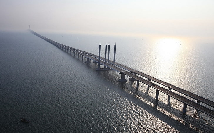 gray bridge, china, shandong province, jiaozhou bay, qingdao