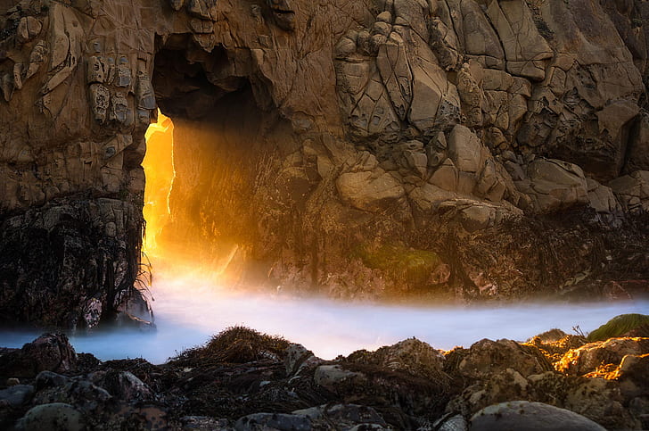 rock, the ocean, California, Big Sur, McWay Falls, Julia Pfeiffer Burns State Park, HD wallpaper