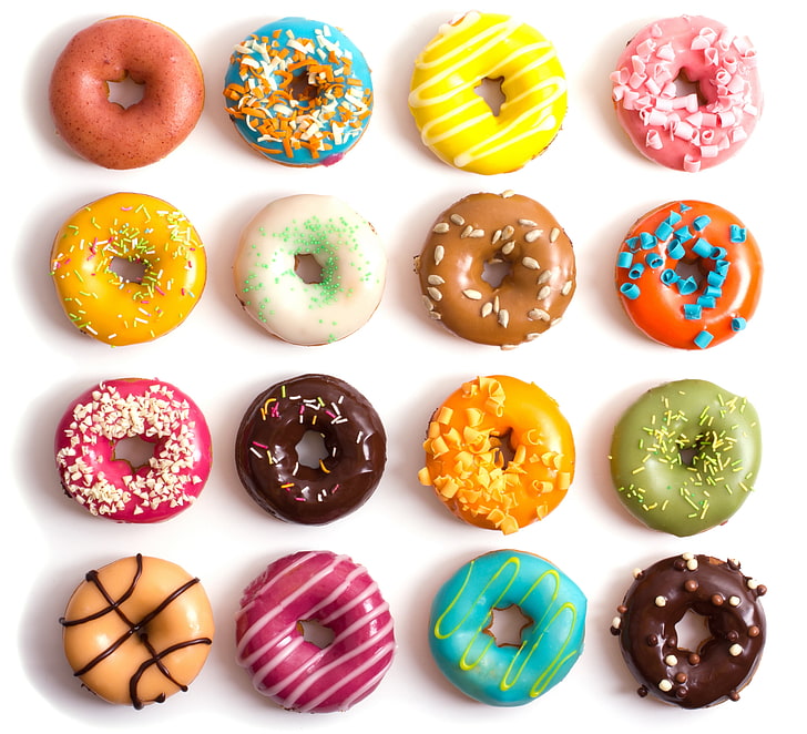 assorted flavor donuts, colorful, dessert, cakes, sweet, glaze, HD wallpaper