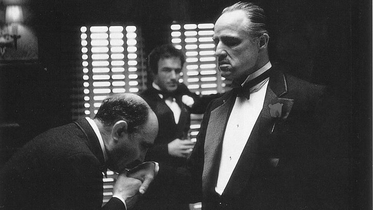 black suit jacket, The Godfather, monochrome, film stills, Marlon Brando