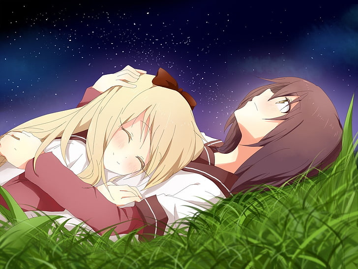 sleeping, lying on front, school uniform, anime girls, night, HD wallpaper