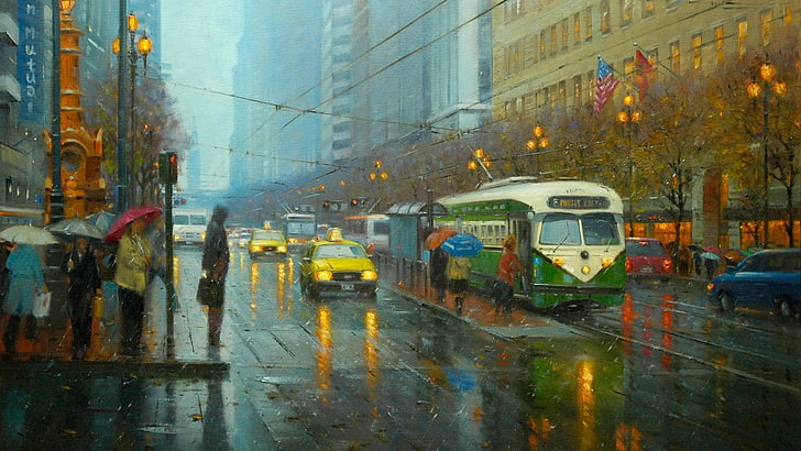 city, cityscape, rain, vintage, San Francisco, transportation, HD wallpaper