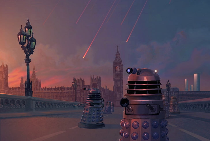 Daleks, Doctor Who, science fiction, TV, sky, building exterior