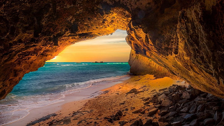 cave, turks and caicos islands, beach, rock, sea, landscape, HD wallpaper