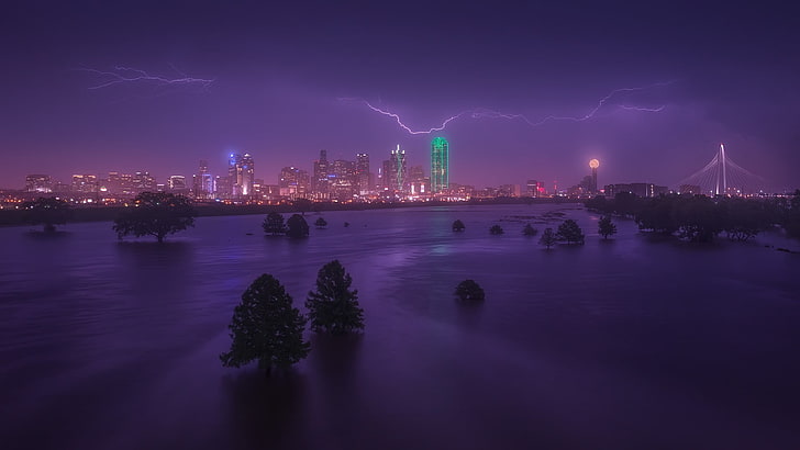 calm body of water, Dallas, Texas, architecture, night, city